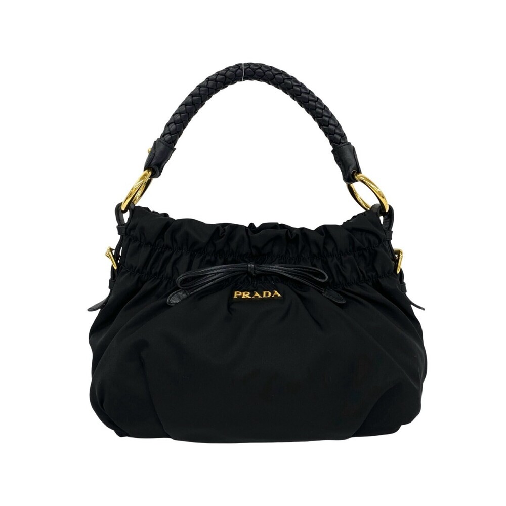 PRADA Prada logo hardware ribbon motif Tessuto Pocono nylon leather handbag s...